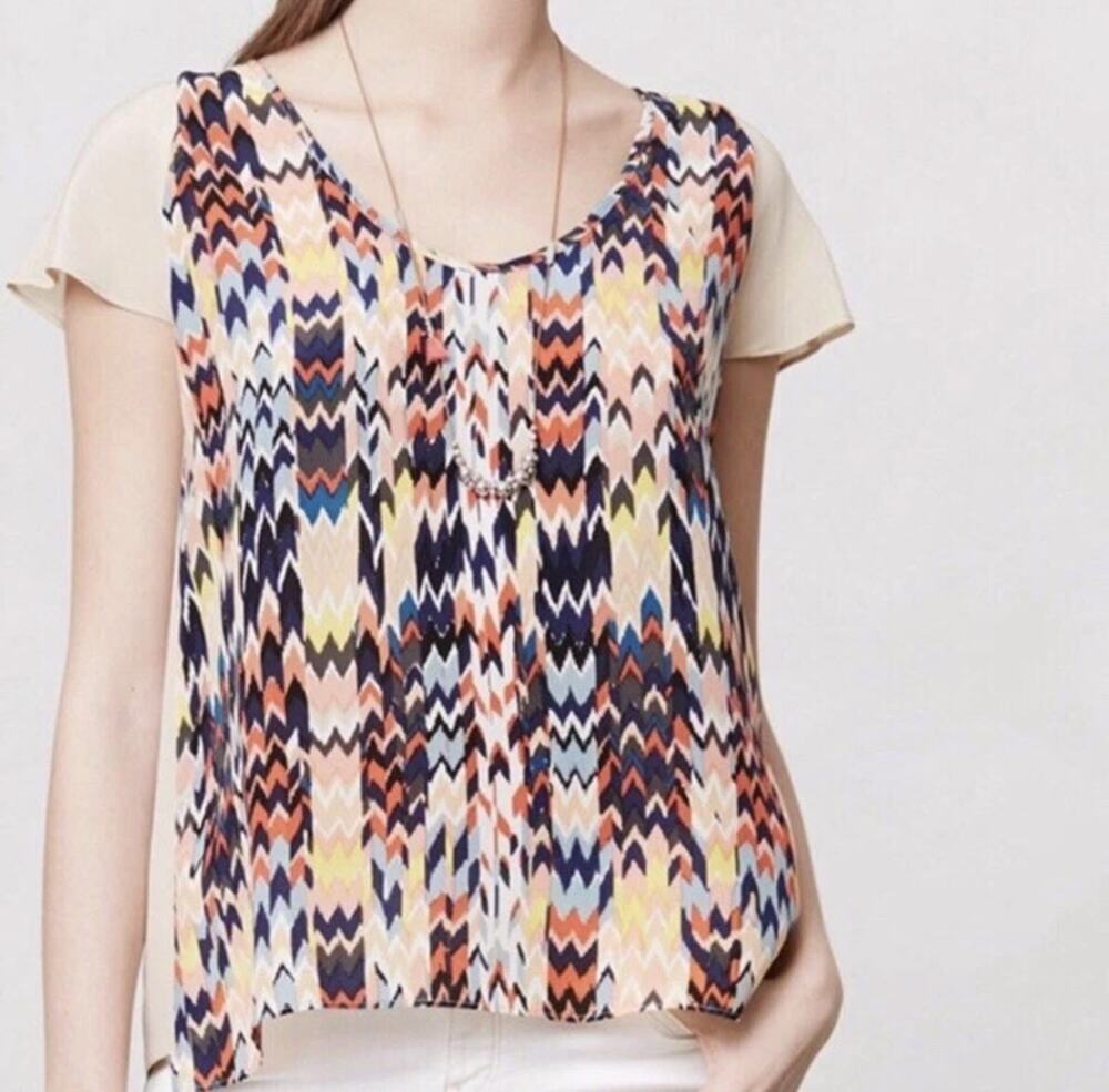 Anthropologie Maeve Womens Grafica Silk Geometric Blouse L Boho Hippie Cottage